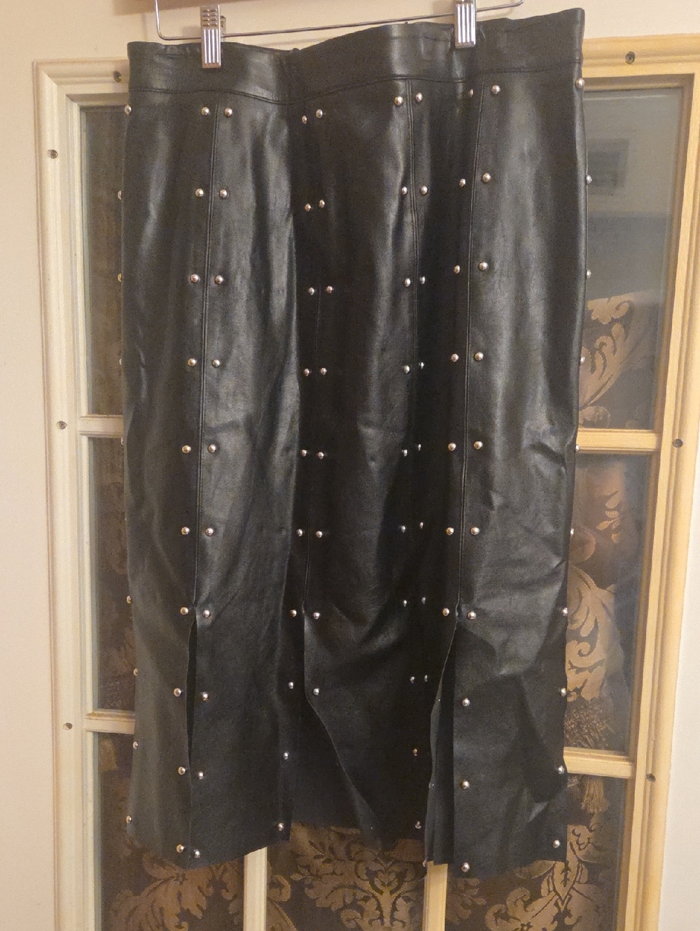 Ashley Stewart Studded Black Faux Leather Midi Skirt